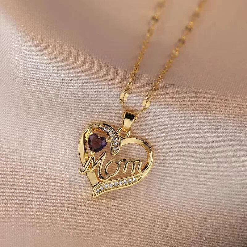 Mama Heart Pendant Necklace | Stainless Steel Crystal Choker for Women