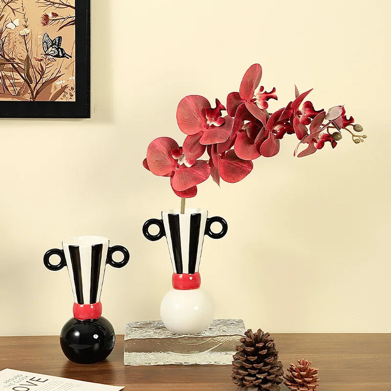 DecorBites™ Geometric Stripes Ceramic Vase Black & White Home Decor