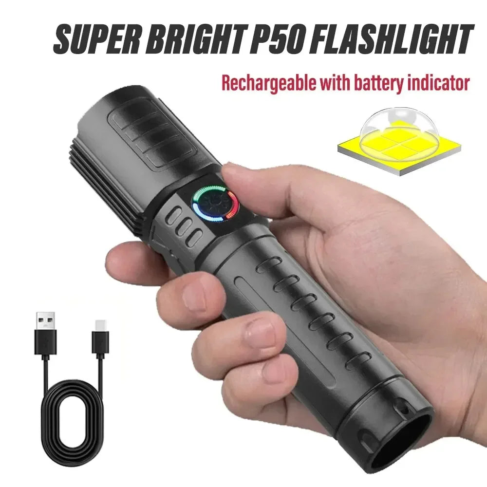 Super Bright LED Flashlight with P50 Beads | Zoomable Rechargeable Torch
