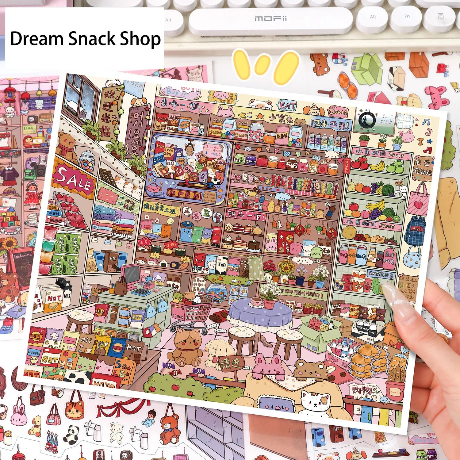 Vintage Grocery Store Scene Stickers | Miniature 3D Decorative Collage with Positioning Lines