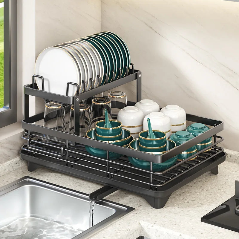 DecorBites™ Kitchen Dish Drying Rack with Drainboard Organizer for Dinnerware and Utensils