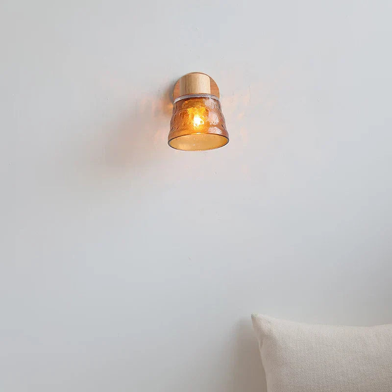 DecorBites™ Amber Glass LED Wall Sconce Nordic Modern Wood Pull Chain Switch Stair Light