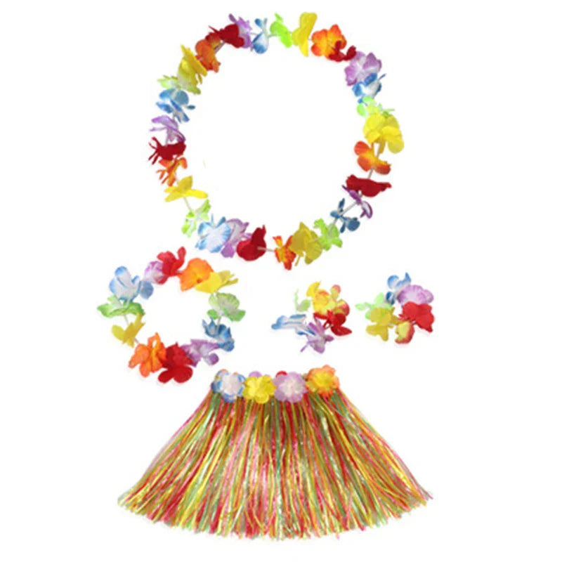 Kids Hawaiian Luau Costume Set | Grass Skirt Lei Flower Bracelets Headband