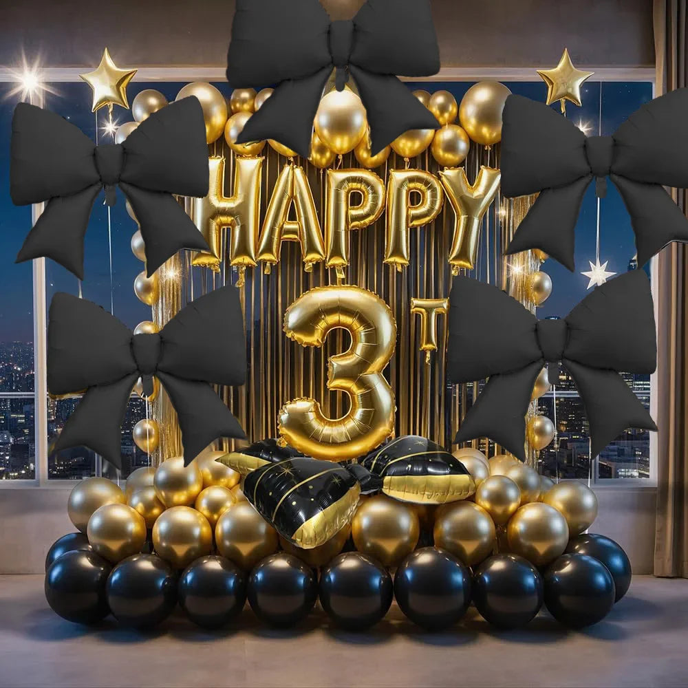2-Pack Matte Black Bow Aluminum Foil Balloons | Party Decoration Set