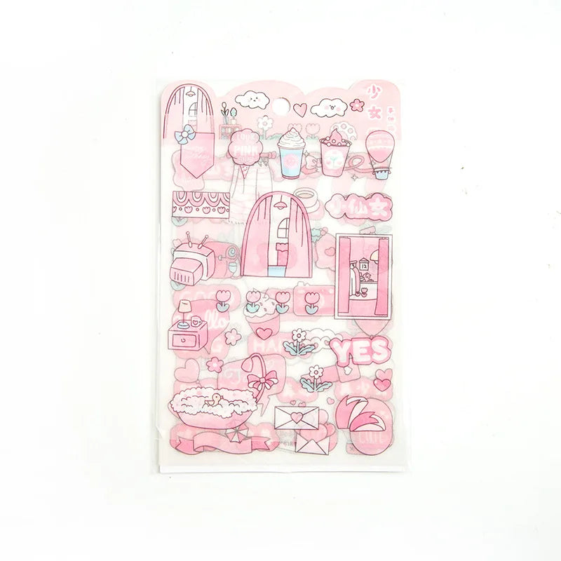 Cute Pink PET Sticker Pack for Scrapbooking and Journaling | 4 Sheets Kawaii Decorative Stickers