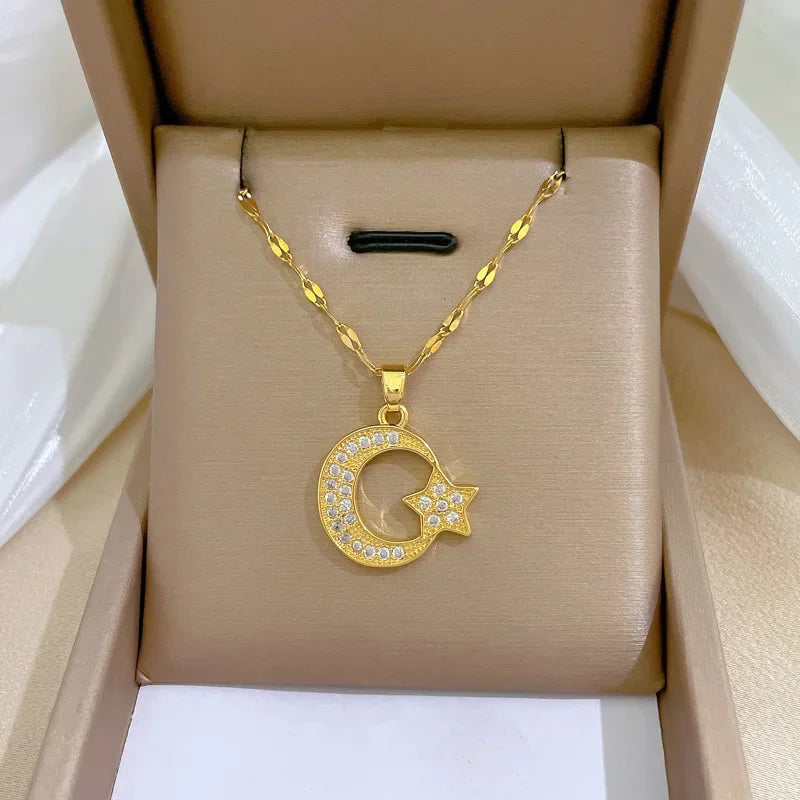 Stainless Steel Crescent Moon Pendant Necklace | Vintage Gold Choker Jewelry for Women