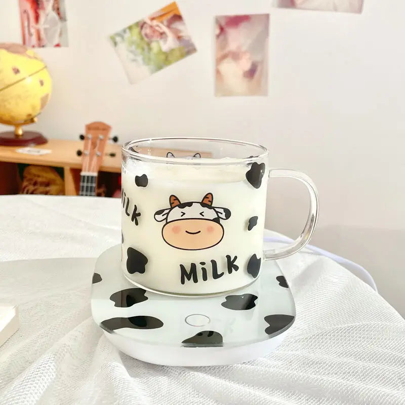 DecorBites™ 13.5oz Cow Pattern Glass Mug with Spoon Lid for Student Dormitory