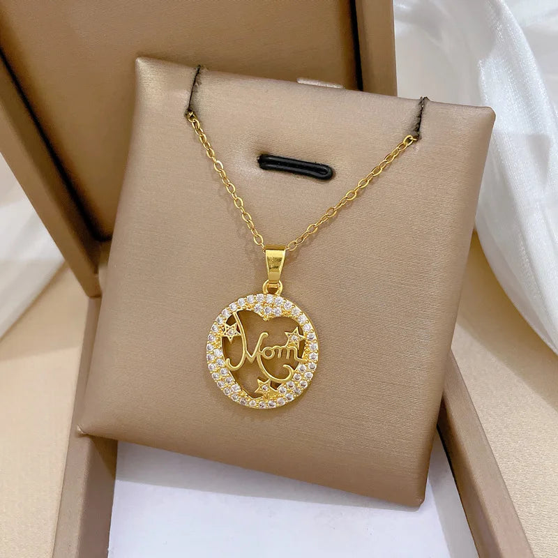 Crystal Heart Mama Necklace | Stainless Steel Pendant Jewelry for Mom