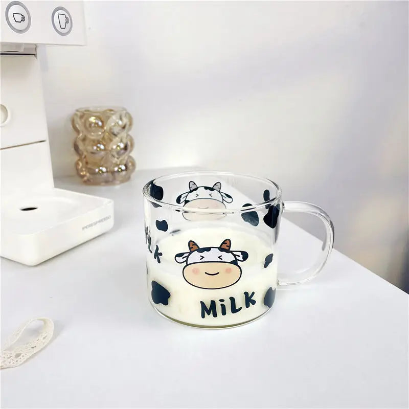 DecorBites™ 13.5oz Cow Pattern Glass Mug with Spoon Lid for Student Dormitory