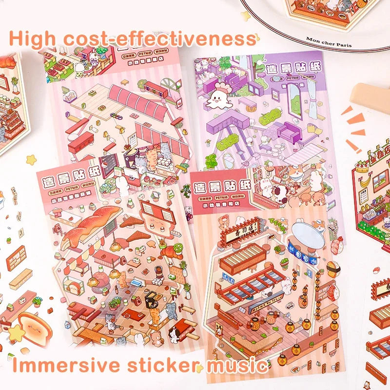 3D Simulation Cabin Stickers Set | Creative Cartoon DIY Landscape Decals for Kids