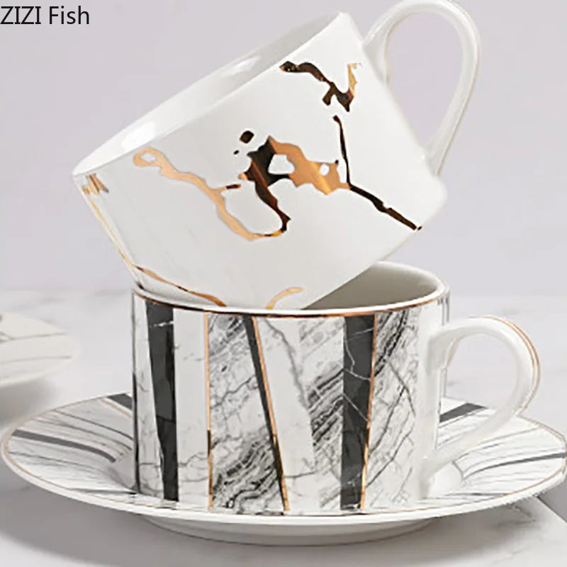 DecorBites™ Gilded Marble Texture Ceramic Cup & Saucer Set for Dining Table Tea & Coffee