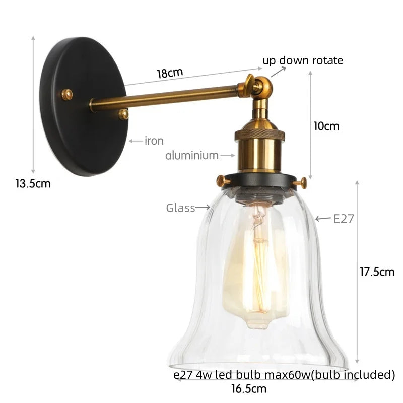 DecorBites™ Industrial Vintage LED Wall Sconce Stair Loft Bedside Lamp Glass Mirror Light