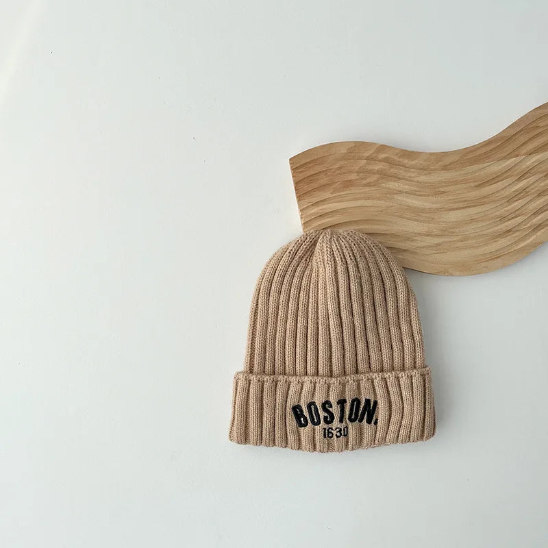 Boston Knitted Baby Hat with Letter Design | Winter Ear Protection Cap