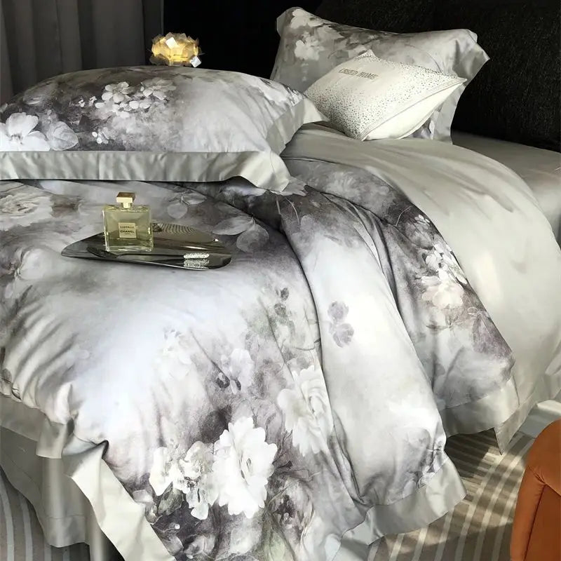DecorBites™ Flowers Pattern Brushed Bedding Set: Duvet Cover, Bed Sheet, Fitted Sheet, Pillowcase 4Pcs