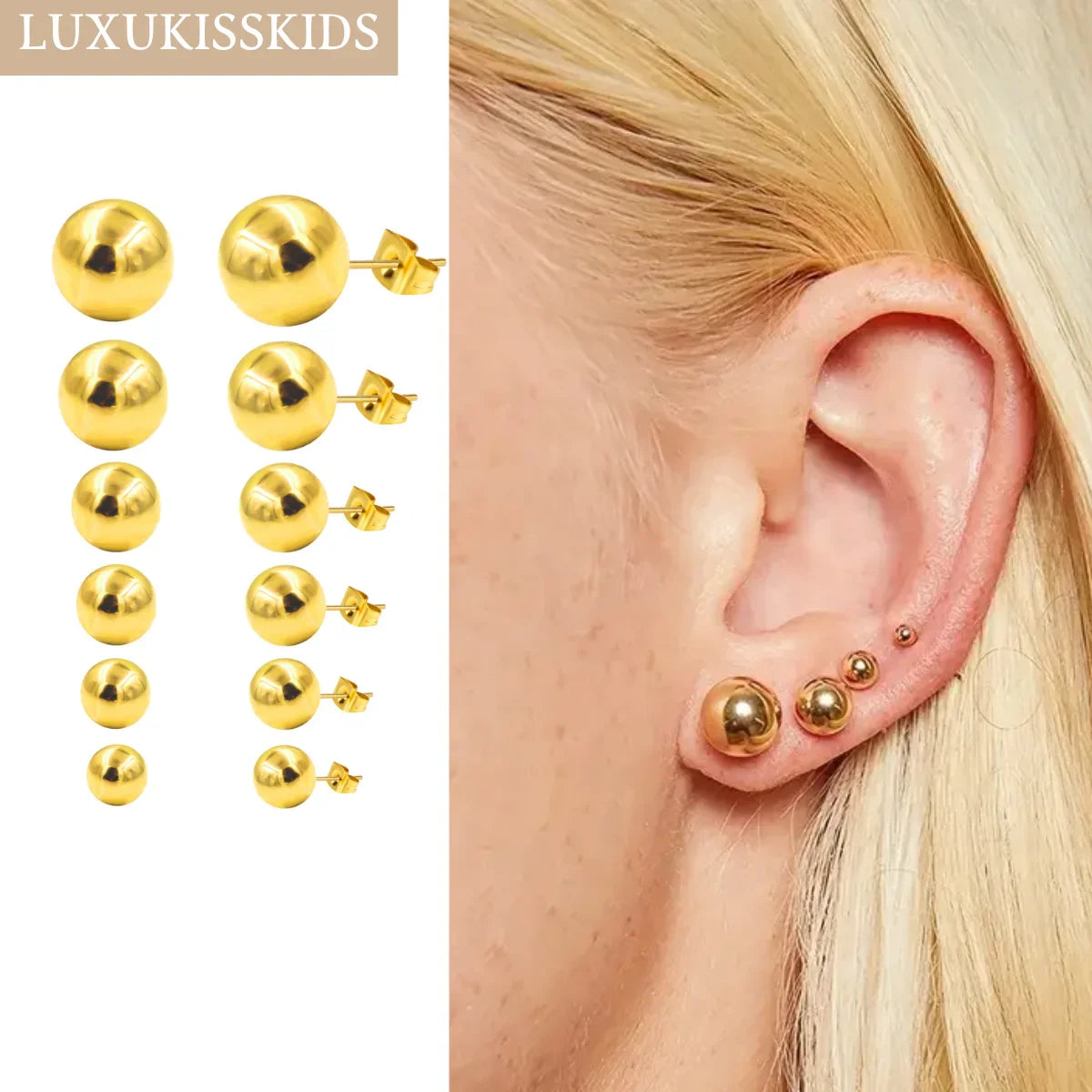 Stainless Steel Ball Stud Earrings Set 6 Pairs | Minimalist Round Clip Earrings for Women Girls