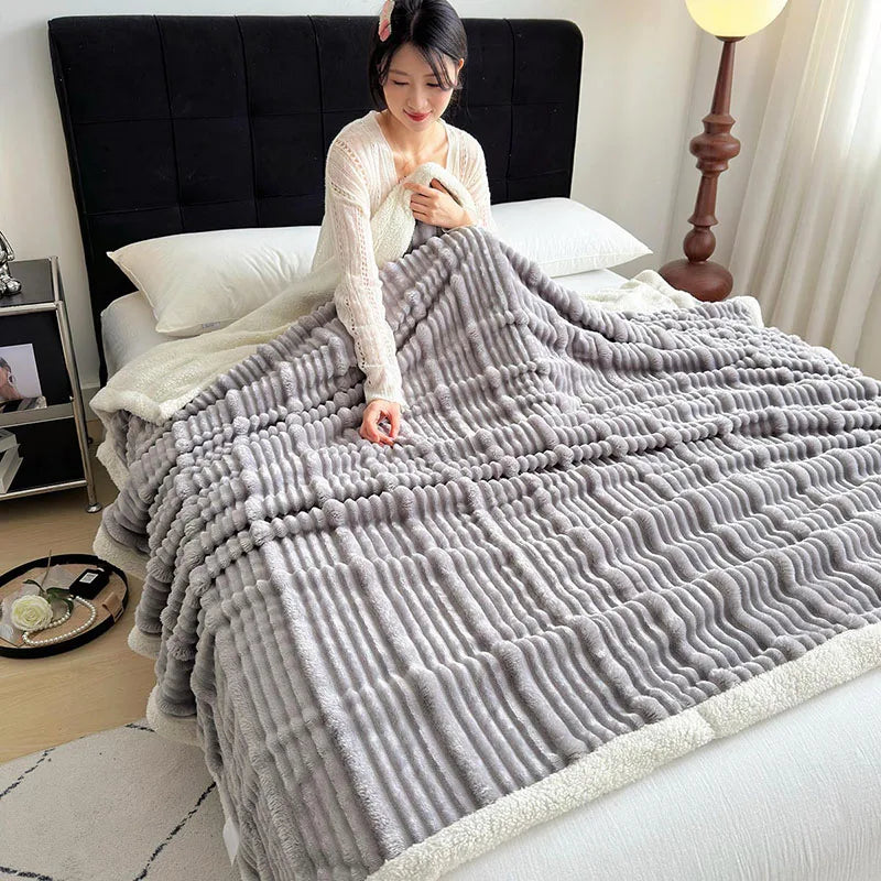 DecorBites™ Cozy Lamb Wool Plush Blanket for Adults: Soft, Thickened, Multi-Use Ribbed Shawl