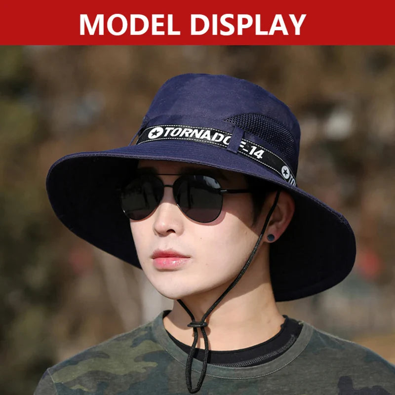 Windproof Men Outdoor Hat | Wide Brim Flat Top Fisherman Hat with Letter Print and Anti-UV Strap