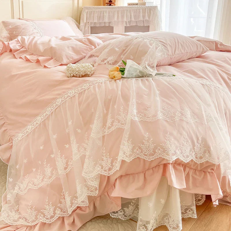 DecorBites™ French Princess Lace Ruffles Bedding Set, 100% Cotton, Pink Romantic Theme