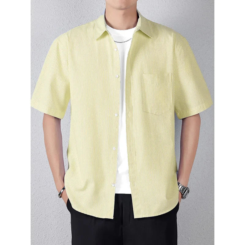 Short-sleeved shirt men's simple pinstripe high-end top summer loose and versatile new high-end men's shirt