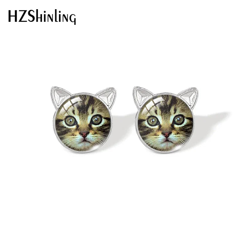 Lovely Cat Face Stud Earrings | Handmade Glass Dome Photo Printed Jewelry for Women