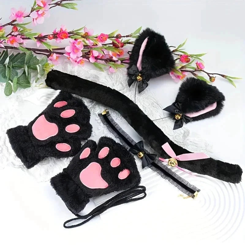 5Pcs Sets Cat Paw Gloves Winter Cute Cartoon Girl Open Finger Gloves Bell Headband Fox Cat Ear Headwear