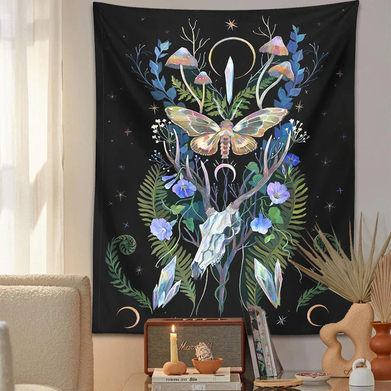 DecorBites™ Deer Skull Mushroom Moon Wall Hanging Psychedelic Tapestry Witchcraft Decor