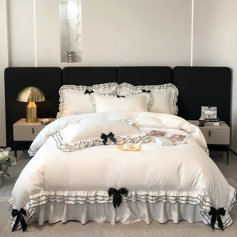 DecorBites™ Korean Lace Ruffles Bedding Set with Black Bow Accent