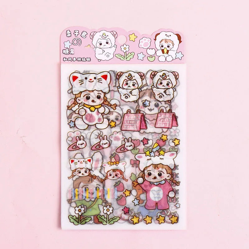 Cute Pink PET Sticker Pack for Scrapbooking and Journaling | 4 Sheets Kawaii Decorative Stickers