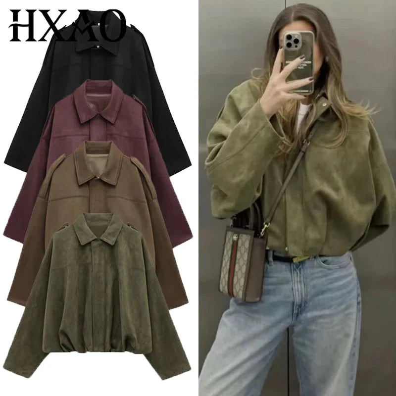 Women’s Suede Bomber Jacket – Cropped Racing Style
