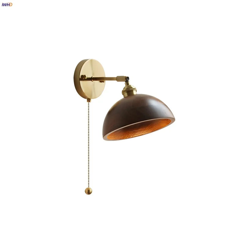 DecorBites™ LED Walnut Wood Wall Sconce Pull Chain Switch Modern Japanese Style Mirror Light