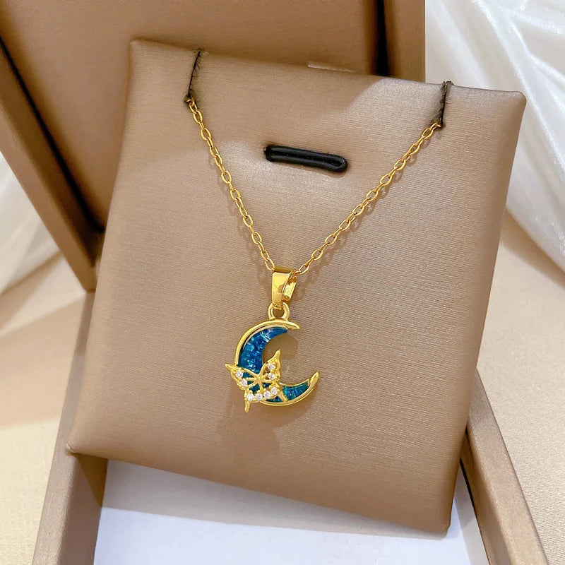 Crescent Moon Pendant Necklace | Vintage Stainless Steel Choker for Women
