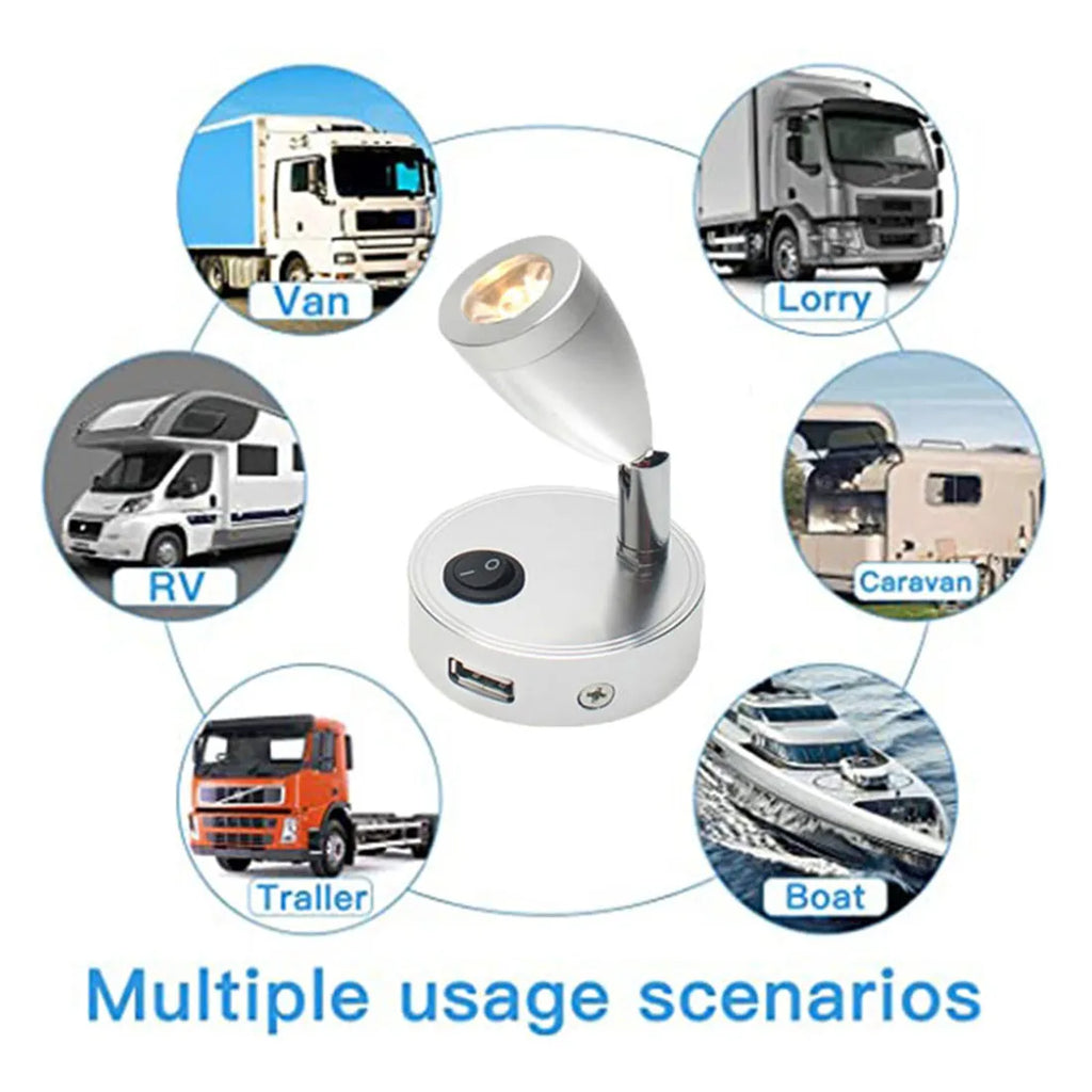 DecorBites™ 12V LED Spotlight with USB Charger for Camper Van Trailer Bed Reading Light
