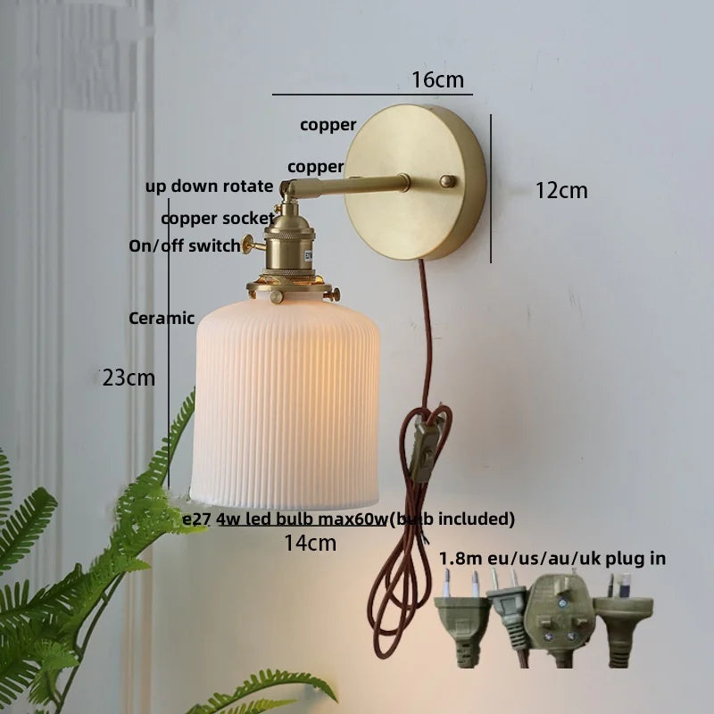 DecorBites™ Copper LED Sconce Wall Lamp Pull Chain Switch Nordic Modern Ceramic Mirror Light