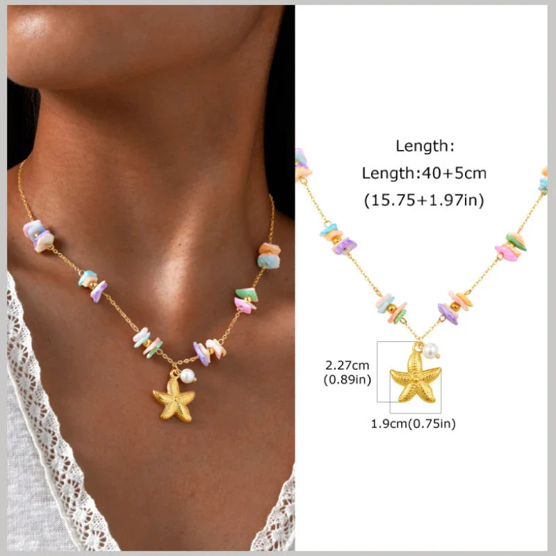 18k Gold Plated Pearl Shell Starfish Necklace | Summer Beach Jewelry for Women