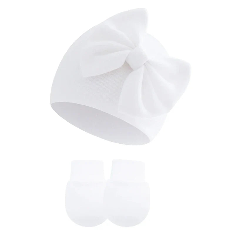 2Pcs Baby Girl Hat and Gloves Set | Newborn Princess Beanie with Big Bow for 0-6 Months