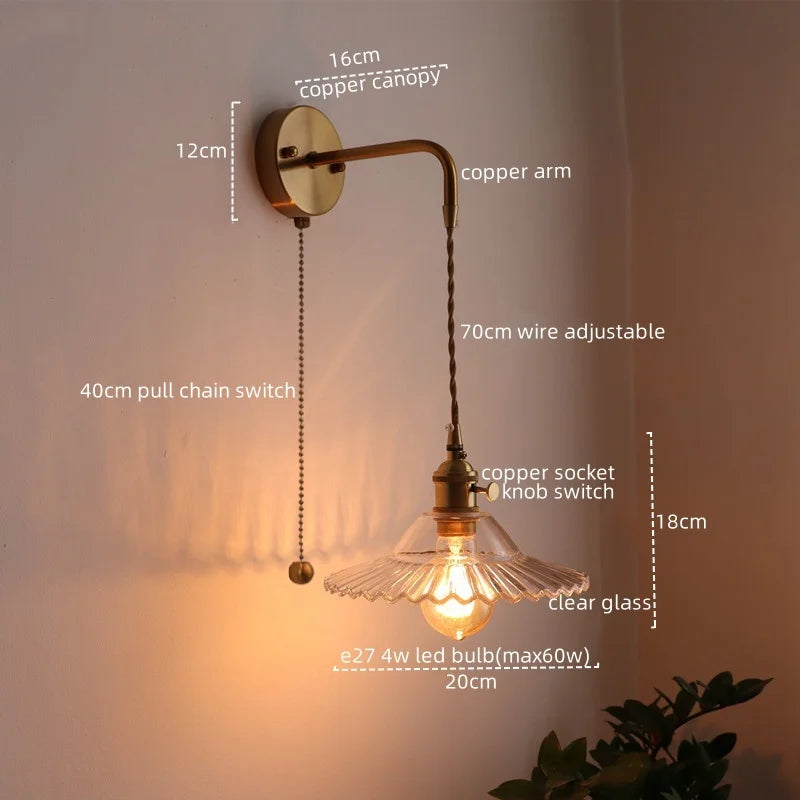 Vintage brass and green glass led wall lamp living room sconce