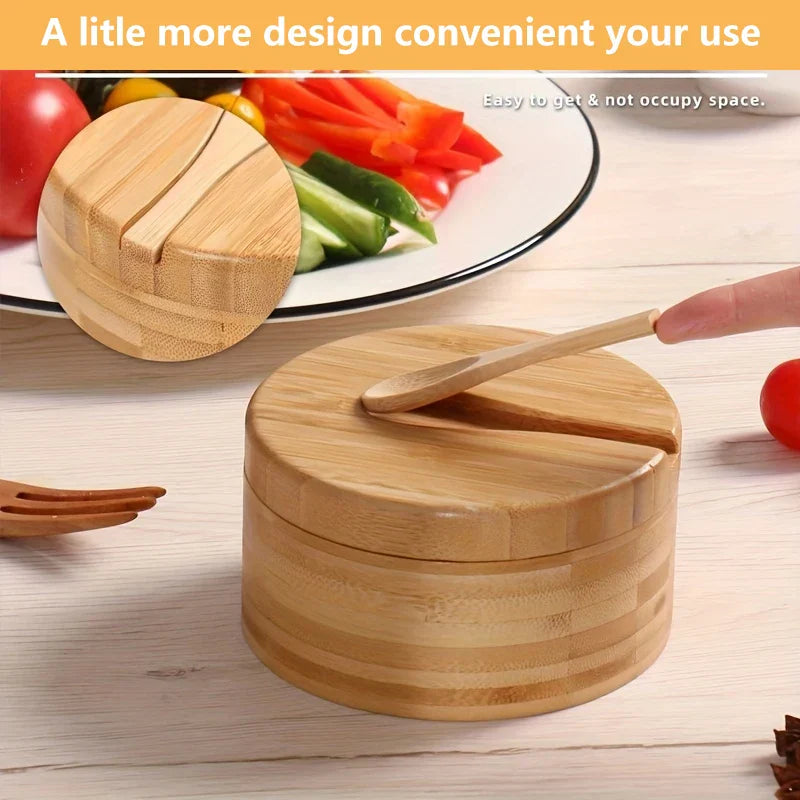 DecorBites™ Bamboo Seasoning Box with Spoon - Rotating Cover Spice Container