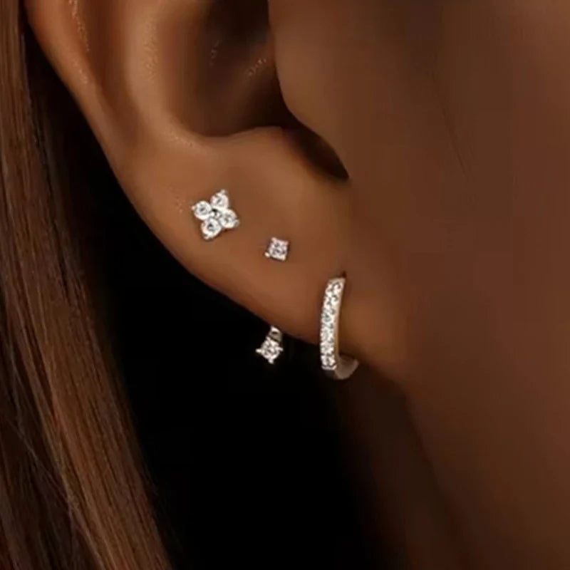 Gold Circle Hoop Earrings Set | Stainless Steel Zircon Flower Stud Jewelry