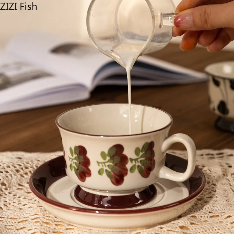 DecorBites™ Flowers Pattern Ceramic Cup&saucer Set Gold-plated Coffee Tea Mug Juice Container