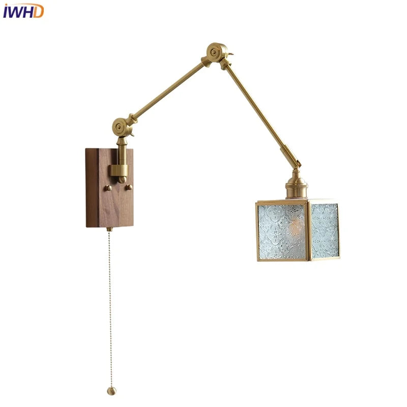 DecorBites™ Cube Glass LED Wall Sconce Walnut Wood Rotatable Mirror Light