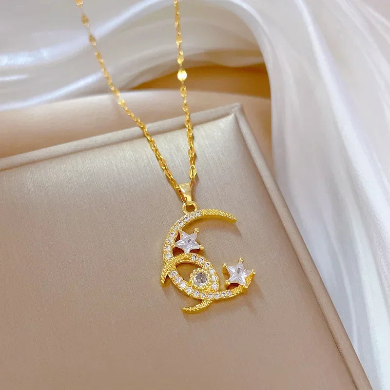 Crescent Moon Pendant Necklace | Vintage Stainless Steel Choker for Women