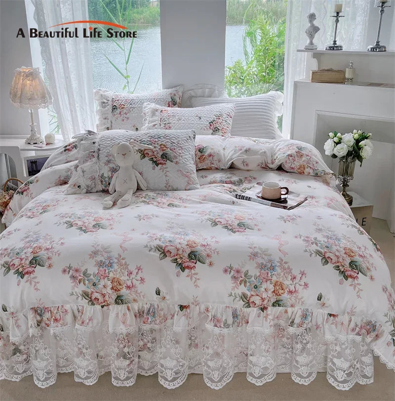 DecorBites™ French Floral Print Bedding Set: Duvet Cover, Lace Ruffles, Quilted Embroidery, Pillowcases