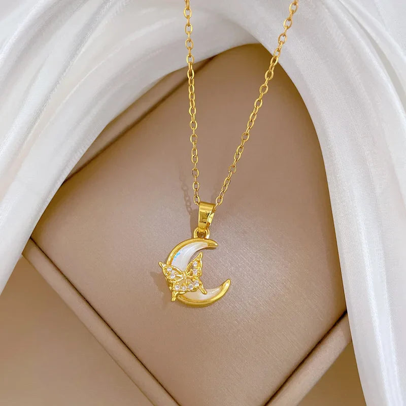 Stainless Steel Crescent Moon Pendant Necklace | Vintage Gold Choker Jewelry for Women