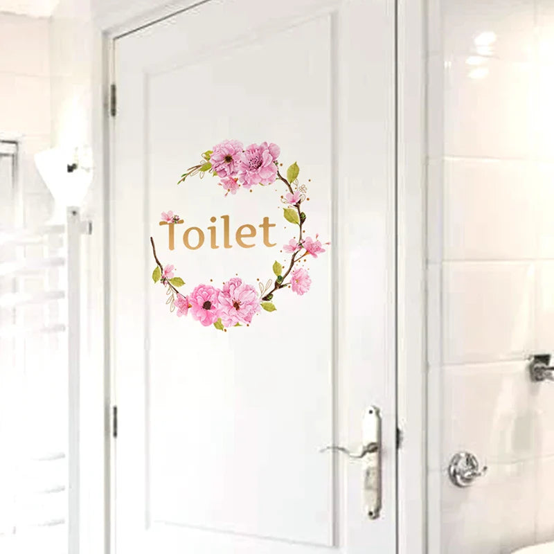 Flower Toilet Door Wall Stickers | Elegant Bathroom Decor Signs