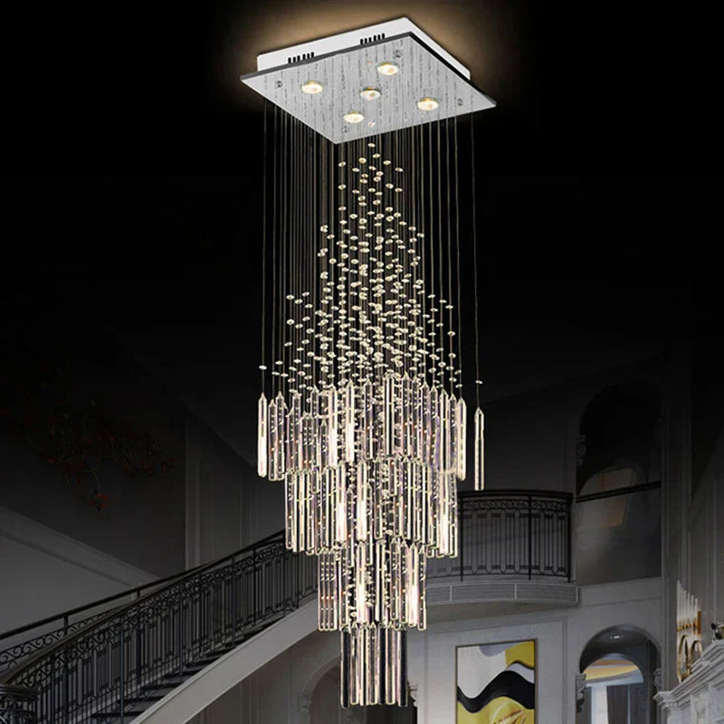 DecorBites™ Crystal Columnar Chandelier: Modern Square Base Hanging Lamp for Living Room, Stair, Loft