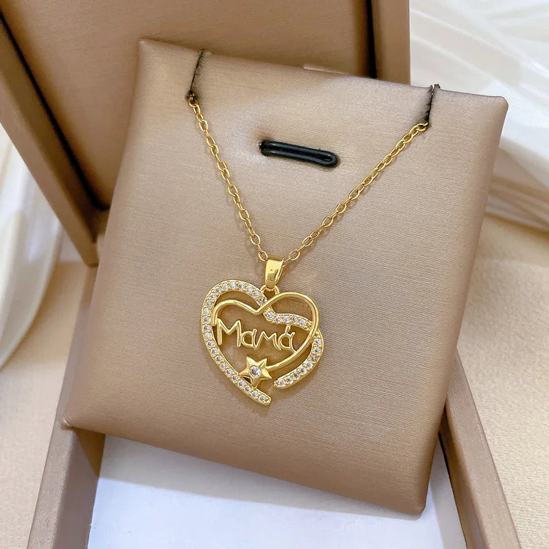 Crystal Heart Mama Necklace | Stainless Steel Pendant Jewelry for Mom