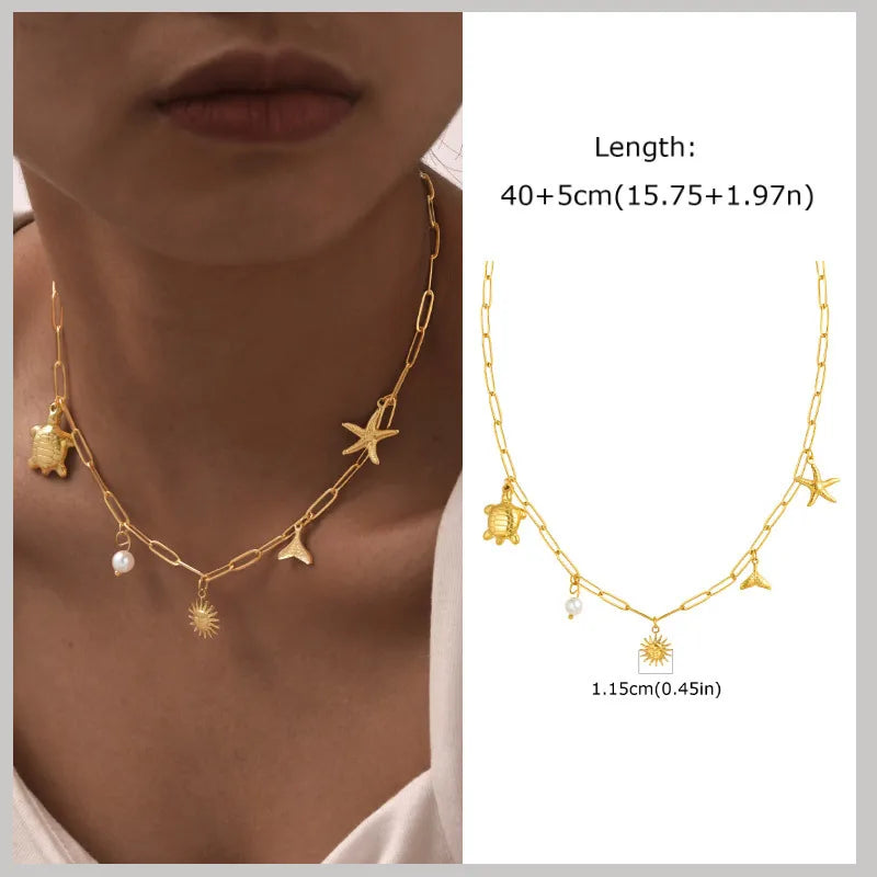 18k Gold Plated Pearl Shell Starfish Necklace | Summer Beach Jewelry for Women