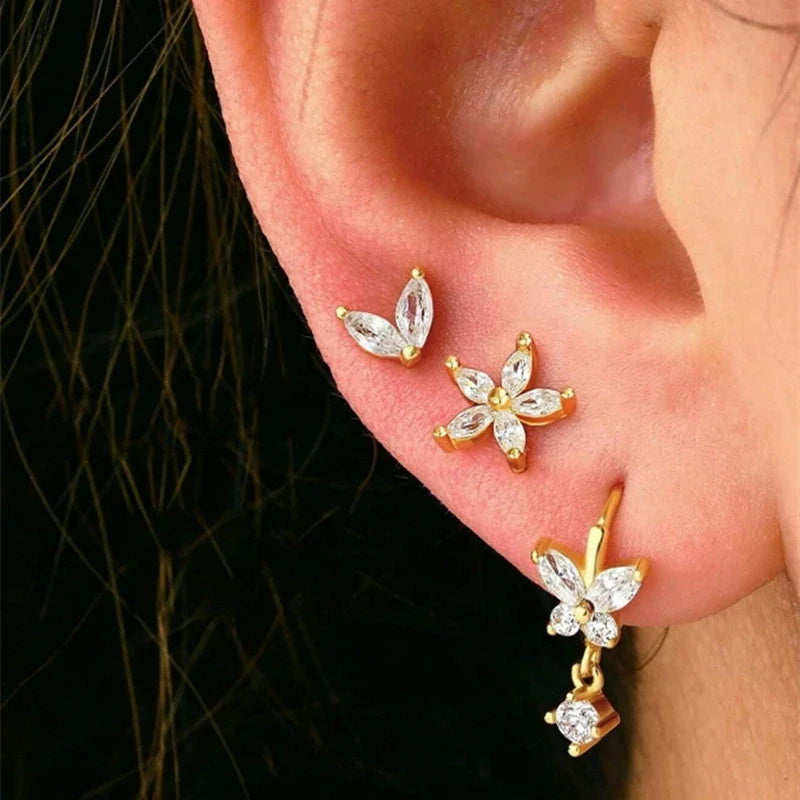 Gold Circle Hoop Earrings Set | Stainless Steel Zircon Flower Stud Jewelry