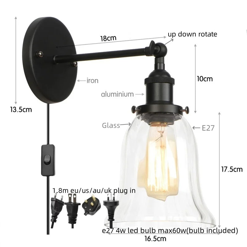 DecorBites™ Industrial Vintage LED Wall Sconce Stair Loft Bedside Lamp Glass Mirror Light
