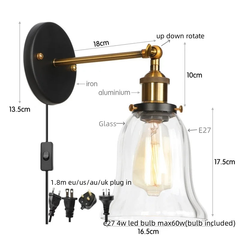 DecorBites™ Industrial Vintage LED Wall Sconce Stair Loft Bedside Lamp Glass Mirror Light